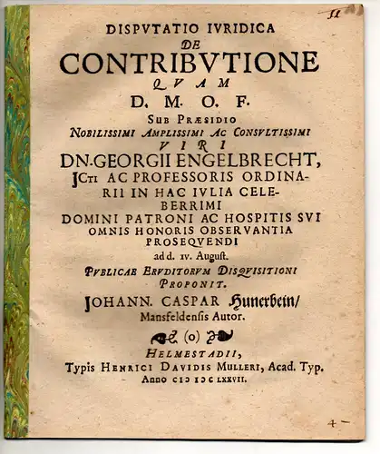 Hunerbein, Johann Caspar: aus Mansfeld: Juristische Disputation. De contributione. 