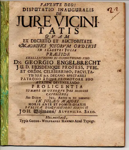 Wißmann, Johannes: aus Alvensleben: Juristische Inaugural-Disputation. De iure vicinitatis. 