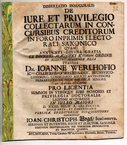 Vogel, Johann Christoph: aus Schönheide: Juristische Inaugural-Dissertation. De iure et privilegio collectarum in concursibus creditorum in foro inprimis electorali Saxonico. 