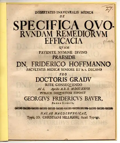 Bauer, Georg Friedrich: aus Berga: Medizinische Inaugural-Dissertation. De specifica quorundam remediorum efficacia. 