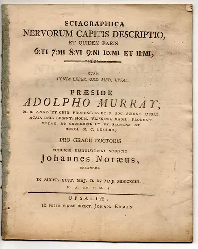 Noraeus, Johannes: aus Uppland: Medizinische Dissertation. Sciagraphica nervorum capitis descriptio et quidem paris 6:TI 7:Mi 8:VI 9:NI 10:MI et 11:MI. 