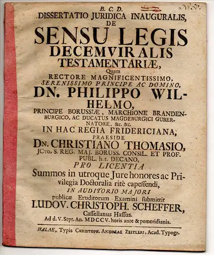 Scheffer, Ludwig Christoph: aus Kassel: Juristische Inaugural-Dissertation. De sensu legis decemviralis testamentariae. 