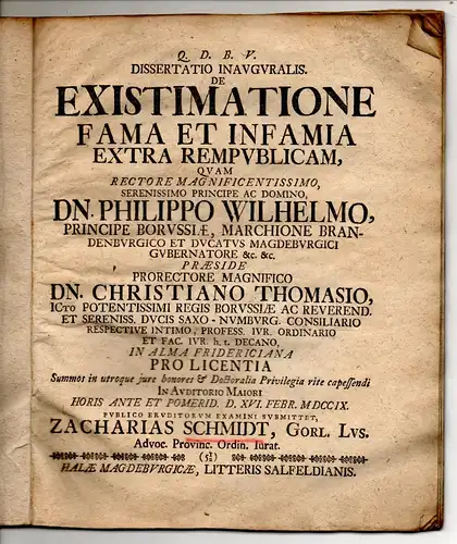 Schmidt, Zacharias: aus Görlitz: Juristische Inaugural-Dissertation. De existimatione fama et infamia extra rempublicam. 