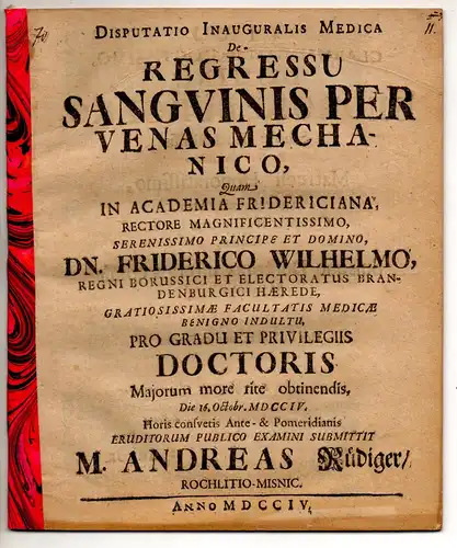 Rüdiger, Andreas: aus Rochlitz: Medizinische Inaugural-Disputation. De regressu sanguinis per venas mechanico. 