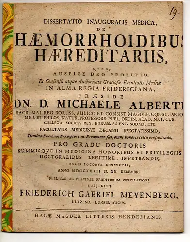 Meyenberg, Friedrich Gabriel: aus Uelzen: Medizinische Inaugural-Dissertation. De haemorrhoidibus haereditariis. 