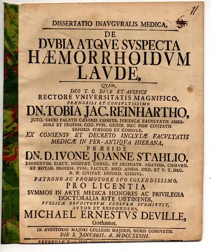 Deville, Michael Ernst: aus Gotha: Medizinische Inaugural-Dissertation. De dubia atque suspecta haemorrhoidum laude. 