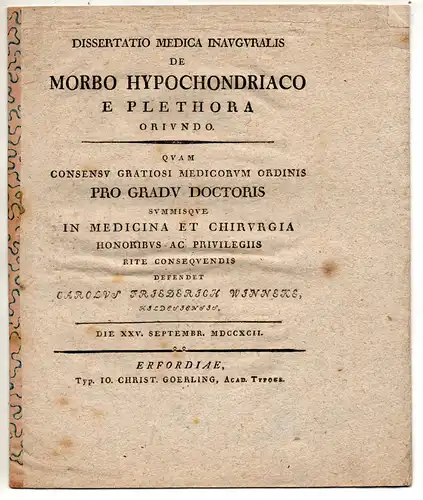 Winneke, Karl Friedrich: aus Hildesheim: Medizinische Inaugural-Dissertation. De morbo hypochondriaco e plethora oriundo. 