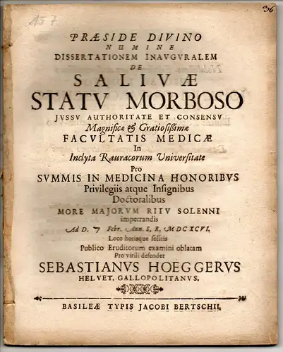 Hoegger, Sebastian: aus St. Gallen: Medizinische Inaugural-Dissertation. De salivae statu morboso. 