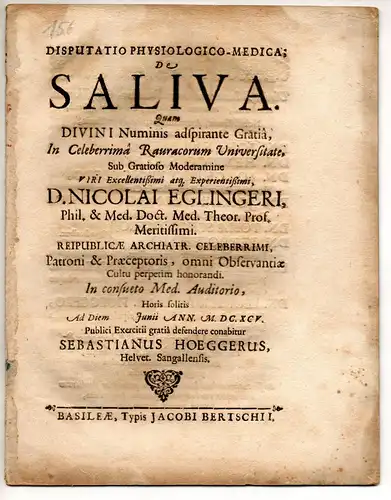 Hoegger, Sebastian: aus St. Gallen: Medizinische Disputation. De saliva. 