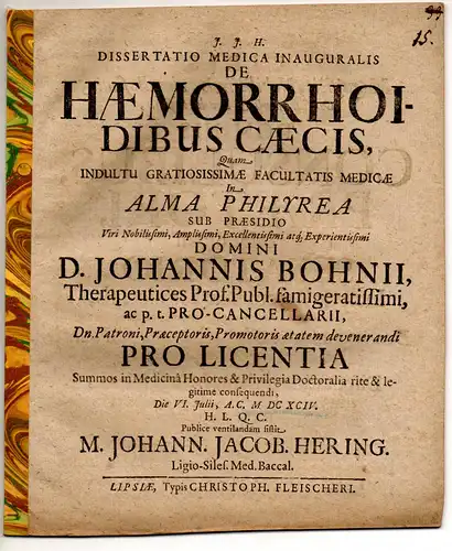 Hering, Johann Jakob: aus Liegnitz: Medizinische Inaugural-Dissertation. De haemorrhoidibus caecis. 