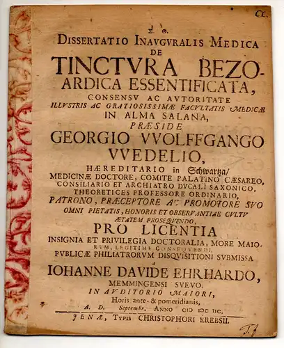 Ehrhard, Johann David: aus Memmingen: Medizinische Inaugural-Dissertation. De tinctura bezoardica essentificata. 