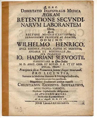 Seyffarth, Christian Ernst: aus Mühltroff: Medizinische Inaugural-Dissertation. Aegram retentione secundinarum laborantem. 