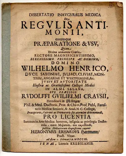Hartmann, Hieronymus Erhard: aus Weimar: Medizinische Inaugural-Dissertation. De regulis antimonii, eorumque praeparatione & usu. 