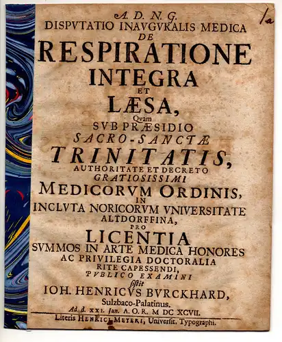 Burckhard, Johann Heinrich: aus Sulzbach: Medizinische Inaugural-Dissertation. De respiratione integra et laesa. 