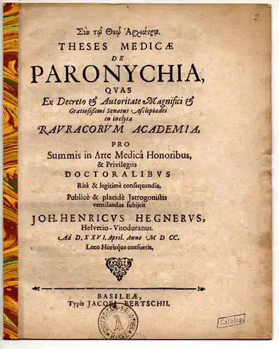 Hegner, Johann Heinrich: aus Winterthur: Theses Medicae De Paronychia. 