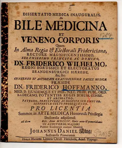 Klug, Johann Daniel: aus Seddin: Medizinische Inaugural-Dissertation. De bile medicina et veneno corporis. 
