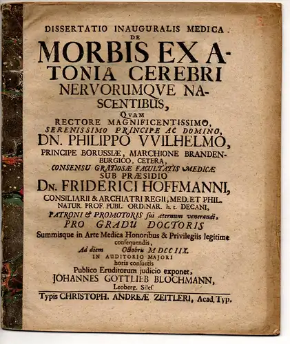 Blochmann, Johannes Gottlieb: aus Löwenberg: Medizinische Inaugural-Dissertation. De morbis ex atonia cerebri nervorumque nascentibus. 