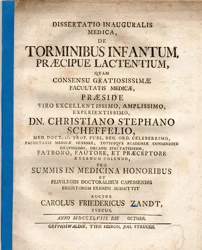 Zandt, Carl Friedrich: aus Schweden: Medizinische Inaugural-Dissertation. De torminibus infantum praecipue lactentium. 