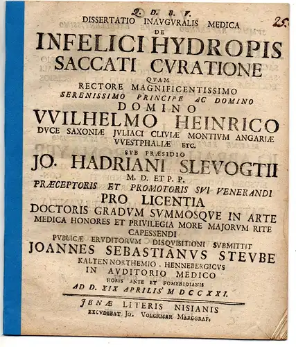 Steube, Johann Sebastian: aus Kaltennordheim: Medizinische Inaugural-Dissertation. De infelici hydropis saccati curatione. 