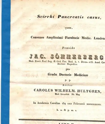 Hultgren, Carolus Wilhelm: Scirrhi pancreatis casus. Dissertation. 