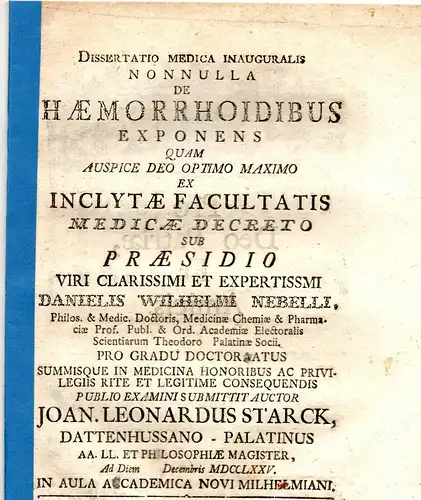 Starck, Johann Leonhard: aus Dattenhausen: Medizinische Inaugural-Dissertation. Nonnulla de haemorrhoidibus exponens. 