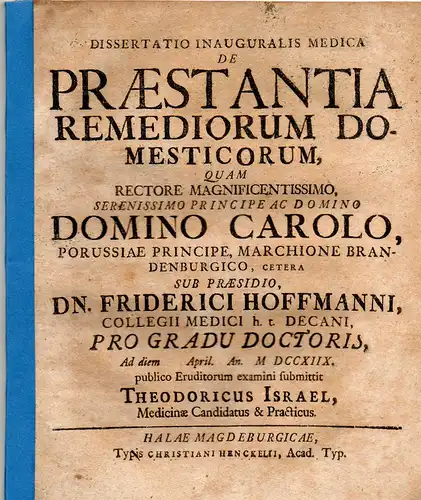 Israel, Theodor: Medizinische Inaugural-Dissertation. De praestantia remediorum domesticorum. 