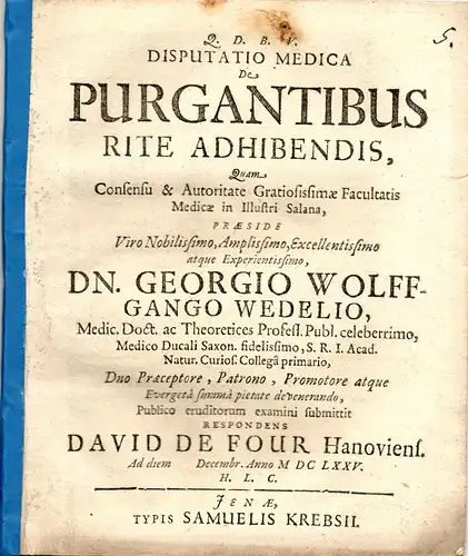 Four, David de: aus Hannover: Medizinische Disputation. De purgantibus rite adhibendis. 
