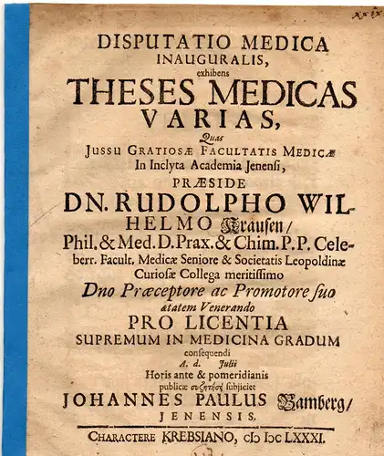 Bamberg, Johann Paul: aus Jena: Medizinische Inaugural-Disputation. Theses medicas varias. 