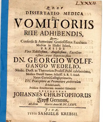 Zopff, Johann Christoph: aus Gera: Medizinische Dissertation. De vomitoriis rite adhibendis. 