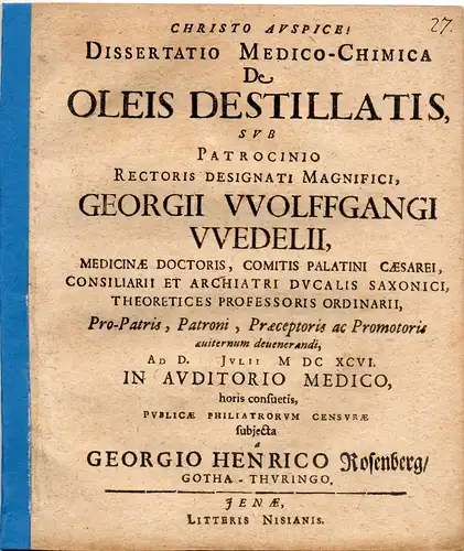 Rosenberg, Georg Heinrich: aus Gotha: Medizinisch-chemische Dissertation. De oleis destillatis. 