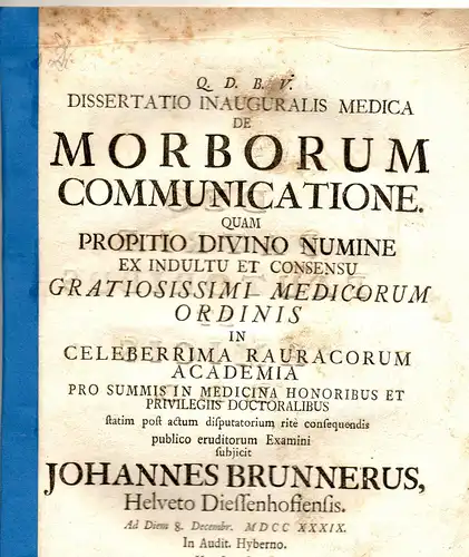 Brunner, Johannes: aus Dießenhofen: Medizinische Inaugural-Dissertation. De morborum communicatione. 