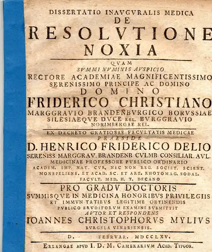 Mylius, Johann Christoph: Medizinische Inaugural-Dissertation. De resolutione noxia. 