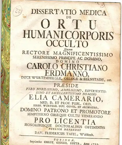 Tafel, David Friedrich: aus Waldenburg: Medizinische Dissertation. De ortu humani corporis occulto. 