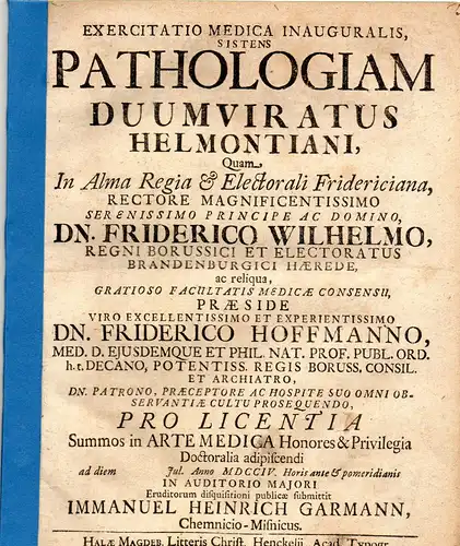 Garmann, Immanuel Heinrich: aus Chemnitz: Medizinische Inaugural-Dissertation. Pathologiam duumviratus Helmontiani. 