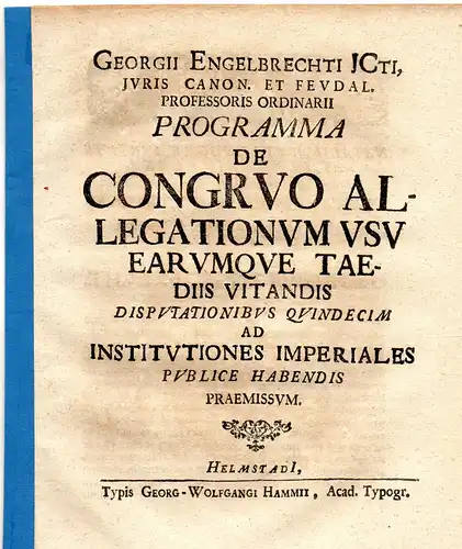 Engelbrecht, Georg: Programma de congruo allegationum usu earumque taediis vitandis. 