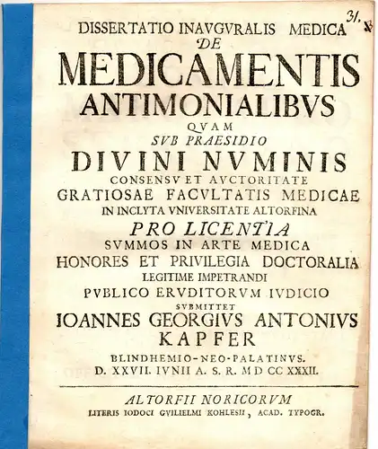 Kapfer, Johann Georg Anton: aus Blindheim: Medizinische Inaugural-Dissertation. De medicamentis antimonialibus. 