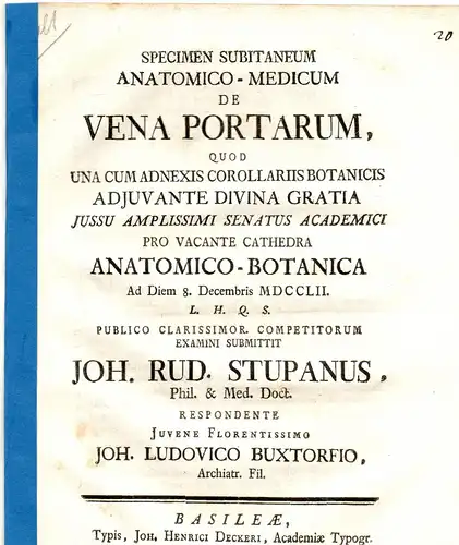 Buxtorf, Johann Ludwig: Specimen subitaneum anatomico-medicum de vena portarum. 