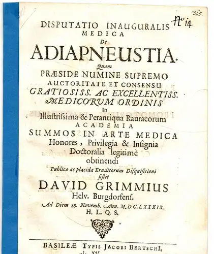 Grimm, David: aus Burgdorf: Medizinische Inaugural-Disputation. De adiapneustia. 