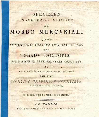 Schreiber, Georg Friedrich: aus Henneberg: Medizinische Inaugural-Dissertation. De morbo mercvriali. 