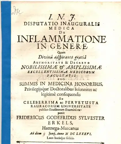 Erkels, Friedrich Gottfried Sylvester: Medizinische Inaugural-Disputation. De inflammatione in genere. 