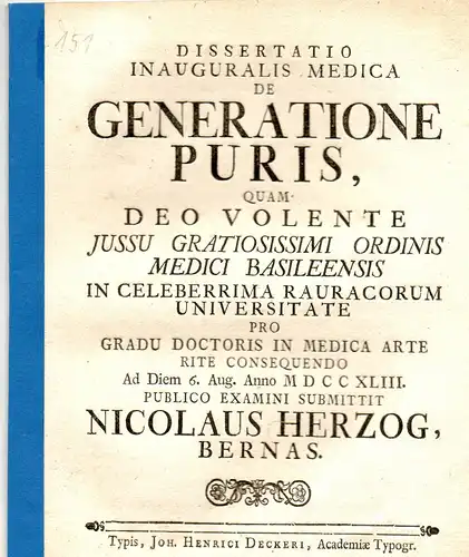 Herzog, Nicolaus: aus Bern: Medizinische Inaugural-Dissertation. De generatione puris. 