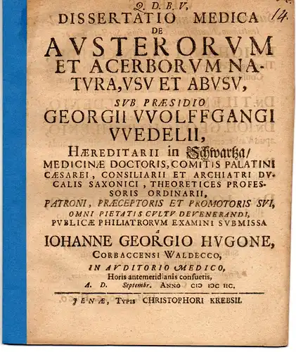 Hugo, Johann Georg: Aus Korbach-Waldeck: Medizinische Dissertation. de austerorum et acerborum natura, usu et abusu. 