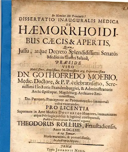 Roll, Theodor: aus Fraustadt: Medizinische Inaugural-Dissertation. De haemorrhoidibus caecis et apertis. 