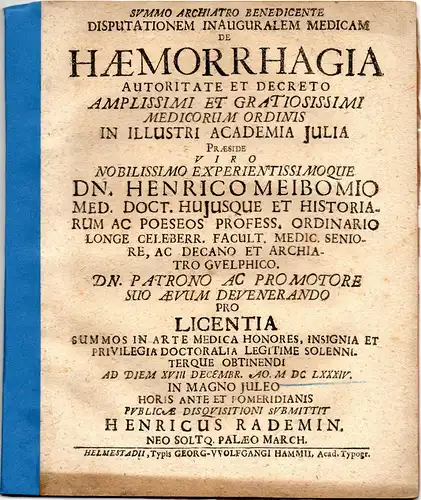 Rademin, Heinrich: aus Salzwedel: Medizinische Inaugural-Disputation. De hæmorrhagia. 