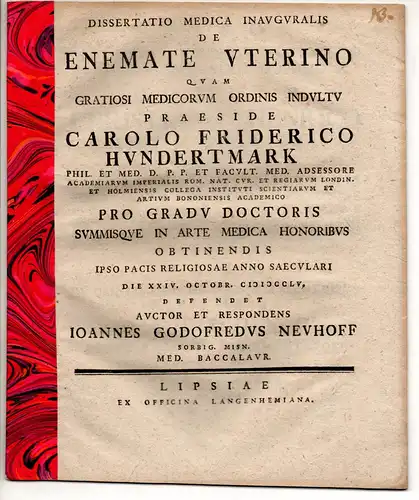 Neuhoff, Johann Gottfried: Medizinische Inaugural-Dissertation. De enemate uterino. 