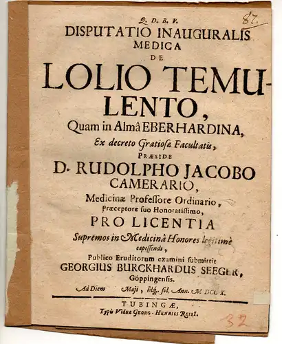 Seeger, Georg Burckhard: aus Göppingen: Medizinische Inaugural-Disputation. De lolio temulento. 