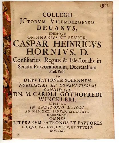 Horn, Caspar Heinrich: Promotionsankündigung von Carl Gottfried Winckler aus Leipzig. 