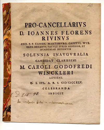 Rivinus, Johann Florens: De invaliditate testamenti parentum in quo liberi a patre titulo honorabili non instituti sed plane praeteriti sunt. Promotionsankündigung von Karl Gottfried Winckler aus Leipzig. 