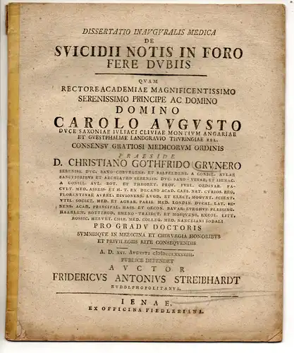 Streibhardt, Friedrich Antonius: aus Rudolstadt: Medizinische Inaugural-Dissertation. De suicidii notis in foro fere dubiis. 