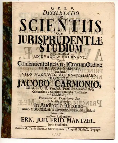 Mantzel, Ernst Johann Friedrich: Juristische Dissertation. De scientiis quae iurisprudentiae studium potissimum adiuvant et exornant. 